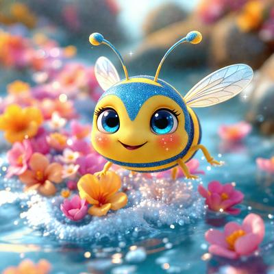 The primary subject of the image is a cute, colorful, and cartoon-like bee. The bee is standing in a body of water, surrounded by flowers. The setting appears to be a water-based environment, possibly a pond or a lake. The visual style of the image is a combination of photo and digital art, creating a whimsical and playful atmosphere. The colors and mood of the image are predominantly bright and cheerful, with the bee and flowers adding a sense of warmth